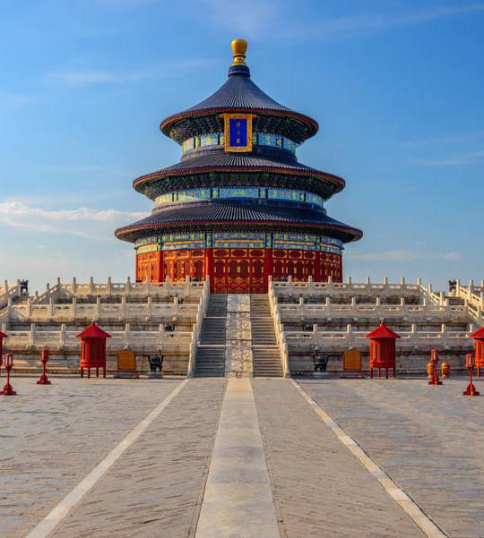 Templo Beijing, en color azul y rojo